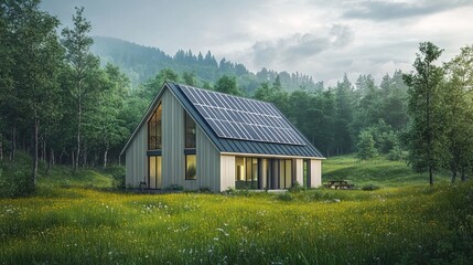 Obraz premium Modern House with Solar Panels on the Roof - AI generated illustration