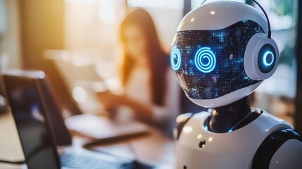 Close-up of a white robot with a digital display and blue glowing circles, sitting in an office setting with a woman in the background.