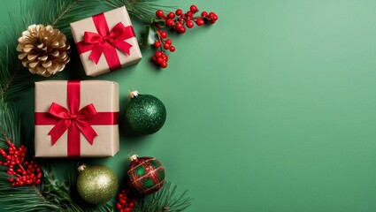 Christmas gifts with pine and red berries