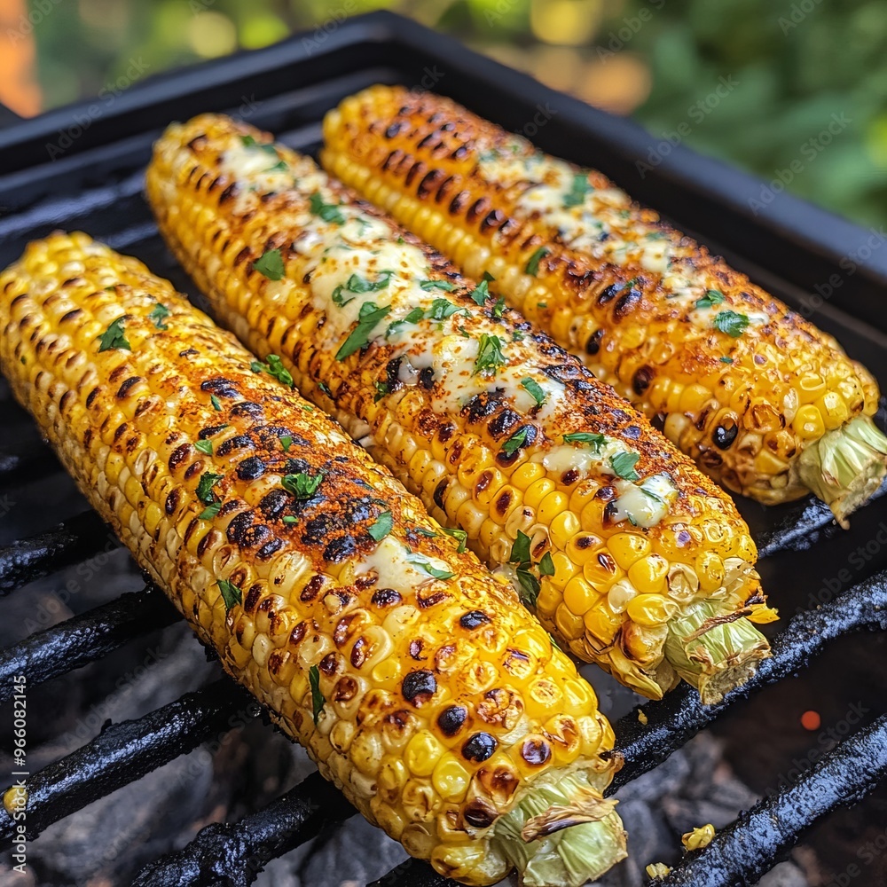 Poster Three corn cobs grilling on a black grill, close up.