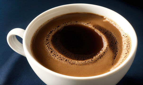 A close-up of a cup of coffee with a dark, swirling center and a frothy rim