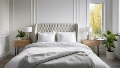 A pristine white bed with a headboard and a duvet, inviting and peaceful.