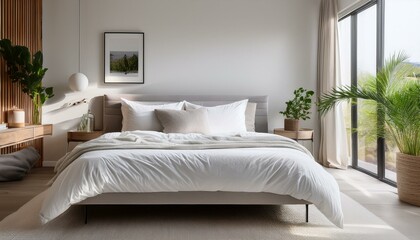 A pristine white bed with a headboard and a duvet, inviting and peaceful.