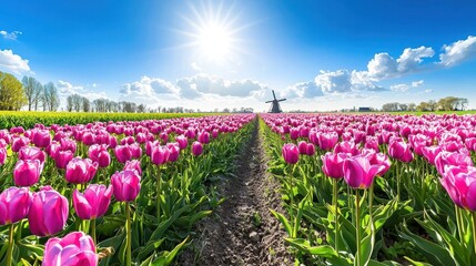 Idyllic Scenic Beauty of Vibrant Tulip Fields and Windmill on Dutch Countryside Horizon under Clear Blue Sky