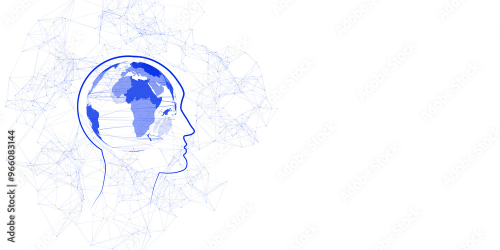 Poster Outline of a human head with a world map inside, surrounded by network connections on a white background. Concept of global connectivity. 3D Rendering