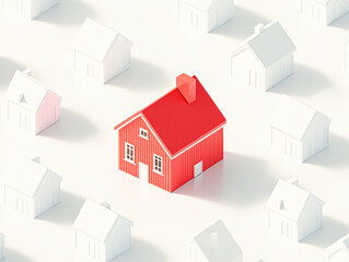 A red house is in the middle of a row of white houses