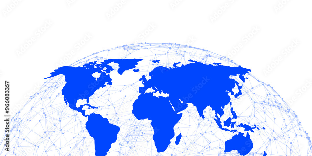Leinwandbilder Blue world map with interconnected lines and nodes, isolated on a white background. Concept of global communication and networking. 3D Rendering
