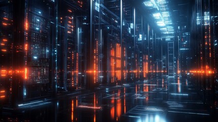 High-Tech Data Center with Glowing Servers - AI generated illustration