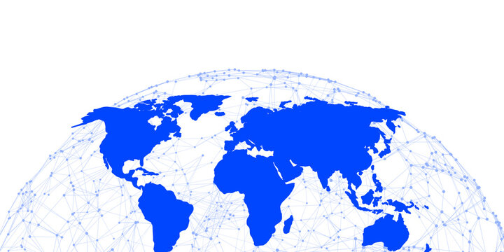 Fototapeta Blue world map with interconnected lines and nodes, isolated on a white background. Concept of global communication and networking. 3D Rendering