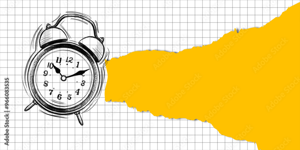 Poster Hand-drawn alarm clock sketch on a grid background with a yellow brush stroke on the right. Concept of time and design elements. 3D Rendering