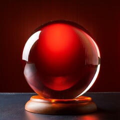 A red glass sphere on a stand, reflecting light. The sphere has a smooth, polished surface. The light creates a warm glow.