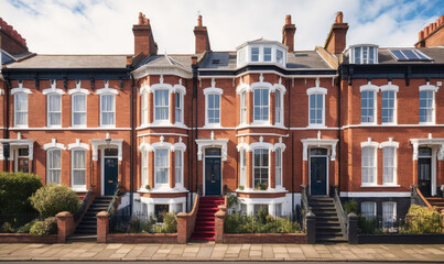 Fototapeta premium A row of red brick houses with white trim and black doors stands on a sunny day