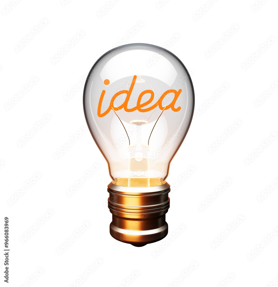 Poster Light bulb with the word idea inside, glowing. Isolated on a white background, representing creativity and innovation. 3D Rendering