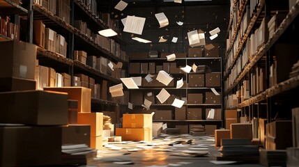 Obraz premium Clean Shelf of Books with Messy Warehouse Background - AI generated illustration