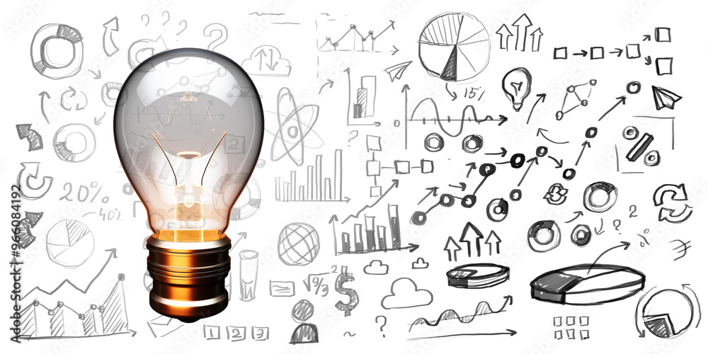 Aufkleber light bulb with business sketches and charts on a white background. symbolizes brainstorming, innova