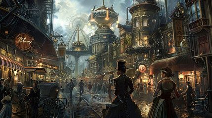 Fototapeta premium Steampunk Streets - Detailed and Atmospheric Illustration