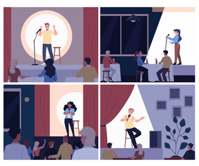 Comedian artist persons with microphone perform stand-up comedy show on stage vector set, audience listening jokes