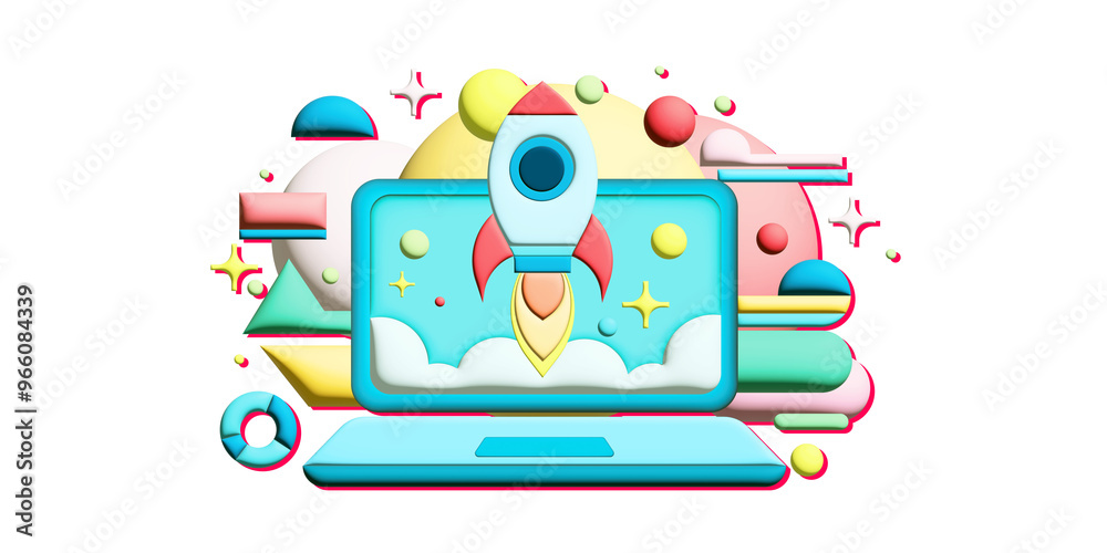 Poster A rocket launching from a laptop screen surrounded by colorful geometric shapes on a clean white background. Concept of creativity and innovation. 3D Rendering