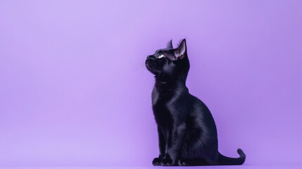 Elegant black cat looking upwards against a violet background