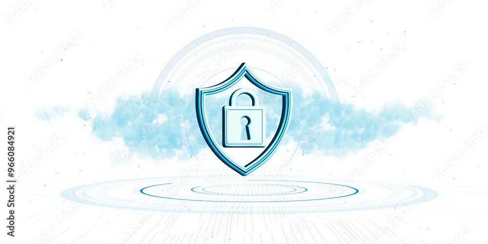 Poster digital security shield icon featuring a lock symbol, illustrated in a blue hue, set against a clean