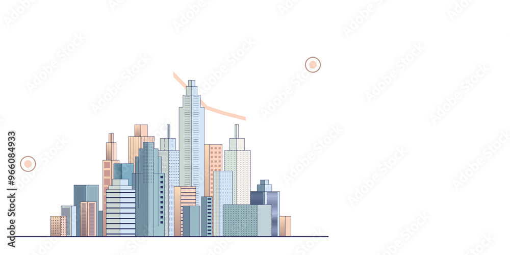 Poster depiction of a city skyline with various skyscrapers in pastel colors. minimalist graphic style on a