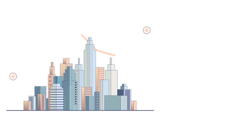 Fototapeta premium Depiction of a city skyline with various skyscrapers in pastel colors. Minimalist graphic style on a white background. Concept of urbanization. 3D Rendering