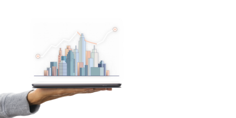 Hand holding a tablet with a cityscape and ascending graph, on a white background. Represents technology, growth, and business analytics