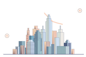 Obraz premium Modern city skyline illustration with various high-rise buildings, pastel colors, and clean lines on a white background. Urban planning concept. 3D Rendering