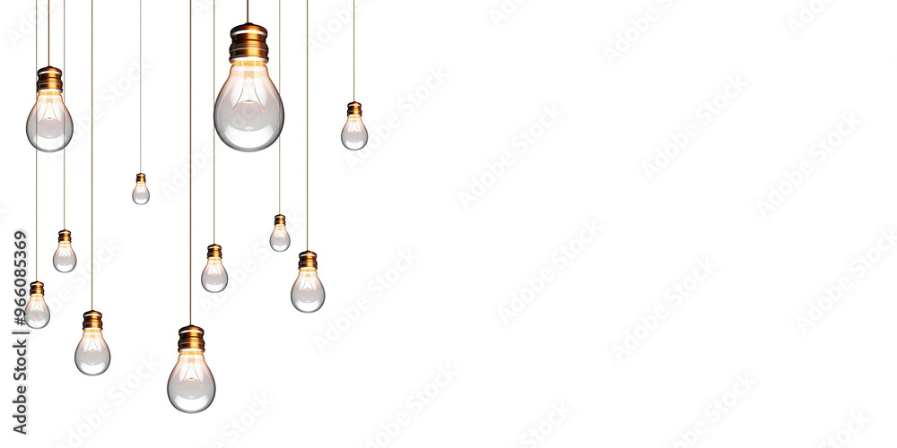 Poster multiple light bulbs hanging from cords against a white background. clean and minimalistic design. c