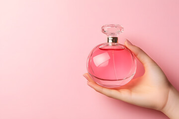 Obraz premium A hand holding pink bottle of perfume, Mock up perfume bottle isolated on white