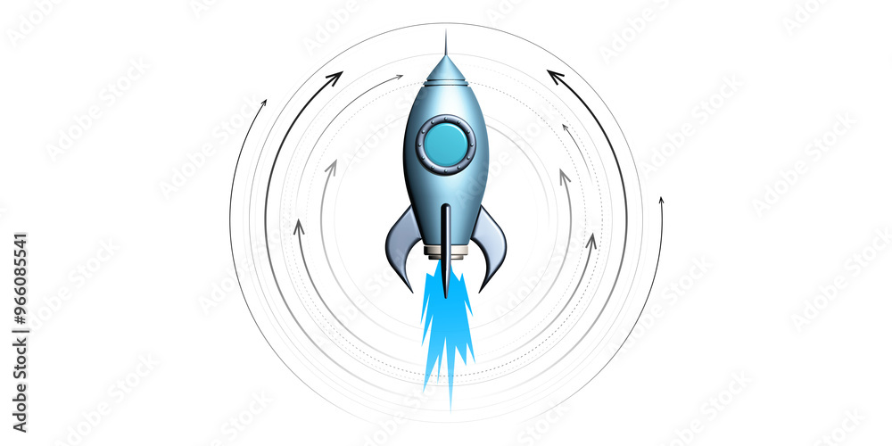 Poster blue rocket ship with blue flame in flight, surrounded by circular arrows, on a white background. co