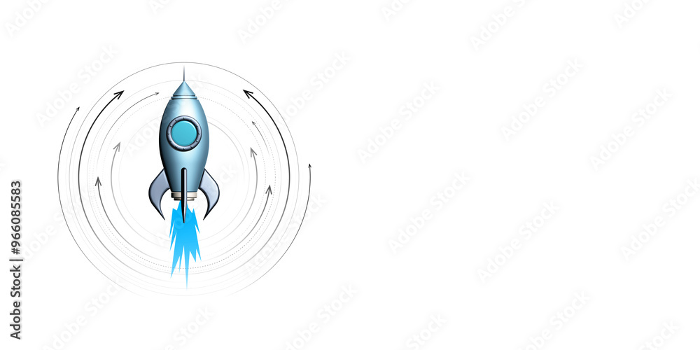 Poster 3D rendering of a blue rocket ship with circular motion arrows on a white background. Concept of innovation and progress