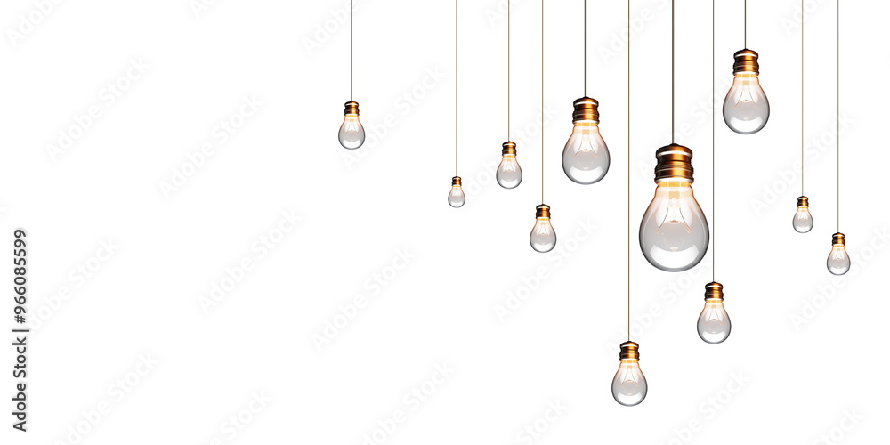 Poster hanging light bulbs against a white background, showcasing a clean and minimalistic design concept. 