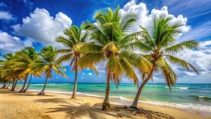 Palm Trees Swaying In The Breeze With White Sand And Turquoise Waters Of Puerto Nuevo Beach, Puerto Rico