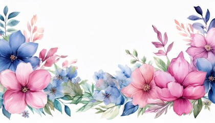 Watercolor floral border with pink and blue flowers.