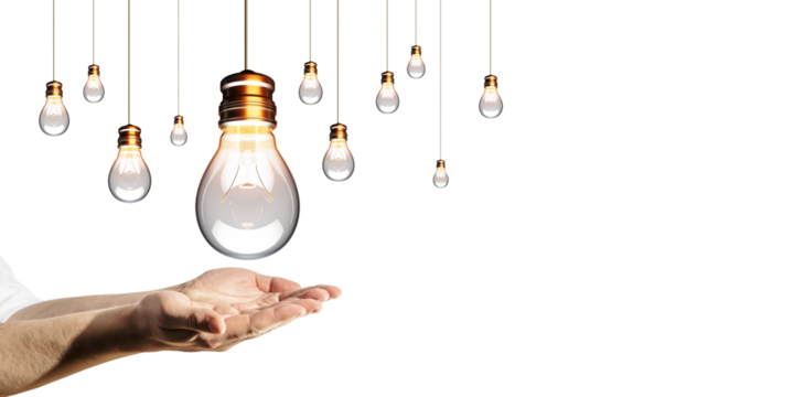 Hands extended upward with multiple hanging light bulbs glowing on a white background. Concept of innovation, creativity, and bright ideas