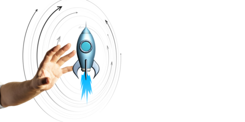 Hand reaching towards a blue rocket graphic with circular arrow patterns on a white background. Concept of business growth and innovation