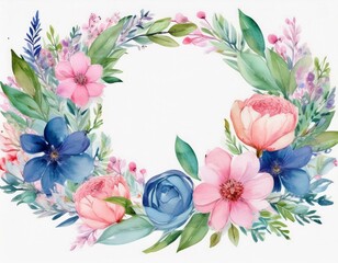 Watercolor floral wreath with pink and blue flowers and green leaves.