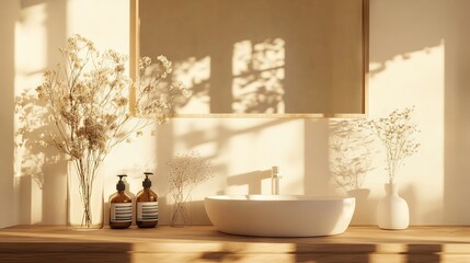 Minimalist Bathroom Interior with Wooden Countertop and Elegant Washbasin - AI generated illustration