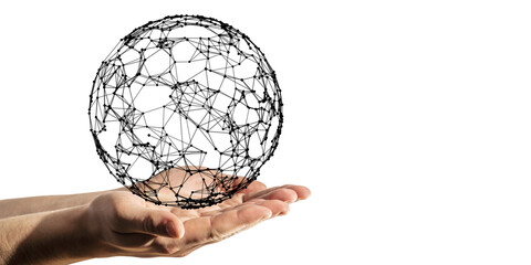 Hands holding a wireframe globe made of interconnected nodes and lines, isolated on a white background. Concept of global network and technology