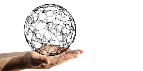 Hands holding a wireframe globe made of interconnected nodes and lines, isolated on a white background. Concept of global network and technology