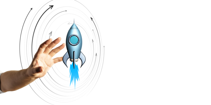 Hand reaching towards a blue rocket graphic with circular arrow patterns on a white background. Concept of business growth and innovation