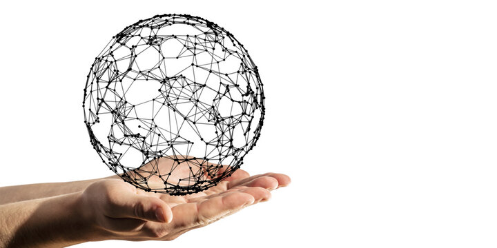 Hands holding a wireframe globe made of interconnected nodes and lines, isolated on a white background. Concept of global network and technology