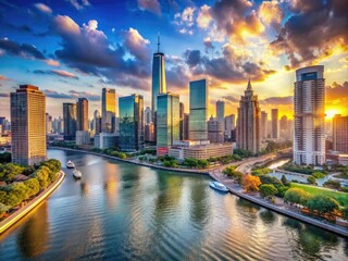 Panoramic Cityscape Showcasing A Vibrant Waterfront With Towering Skyscrapers And A Scenic River Flowing Through The Urban Landscape
