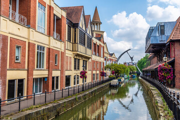 A view down the River Witham in the center of Lincoln, Lincolnshire in summertime