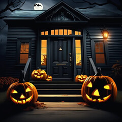 Haunting Halloween Night Scene with Glowing Pumpkins and Eerie Atmosphere