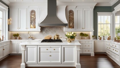 White kitchen island with ornate detailing and a matching range hood.