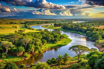 Panoramic Landscape Of A Lush African Landscape With A Winding River, Towering Trees, And A Distant Village Nestled On The Shore.