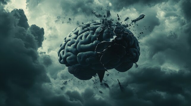 Dark storm clouds with a cracked broken brain icon superimposed, visually representing the concept of depression and emotional turmoil.