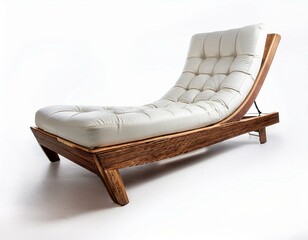 White leather chaise lounge with wooden frame, isolated on white background. Perfect for relaxation and comfort.